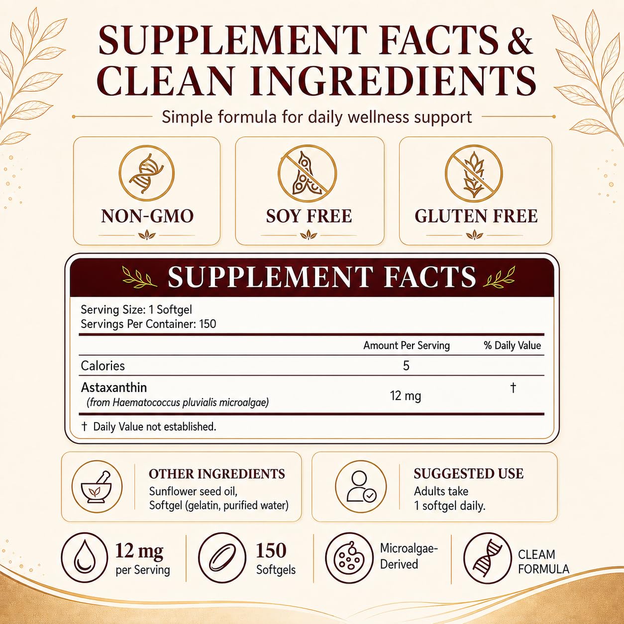 Leafward Astaxanthin Supplements 12mg Softgels 150 Count