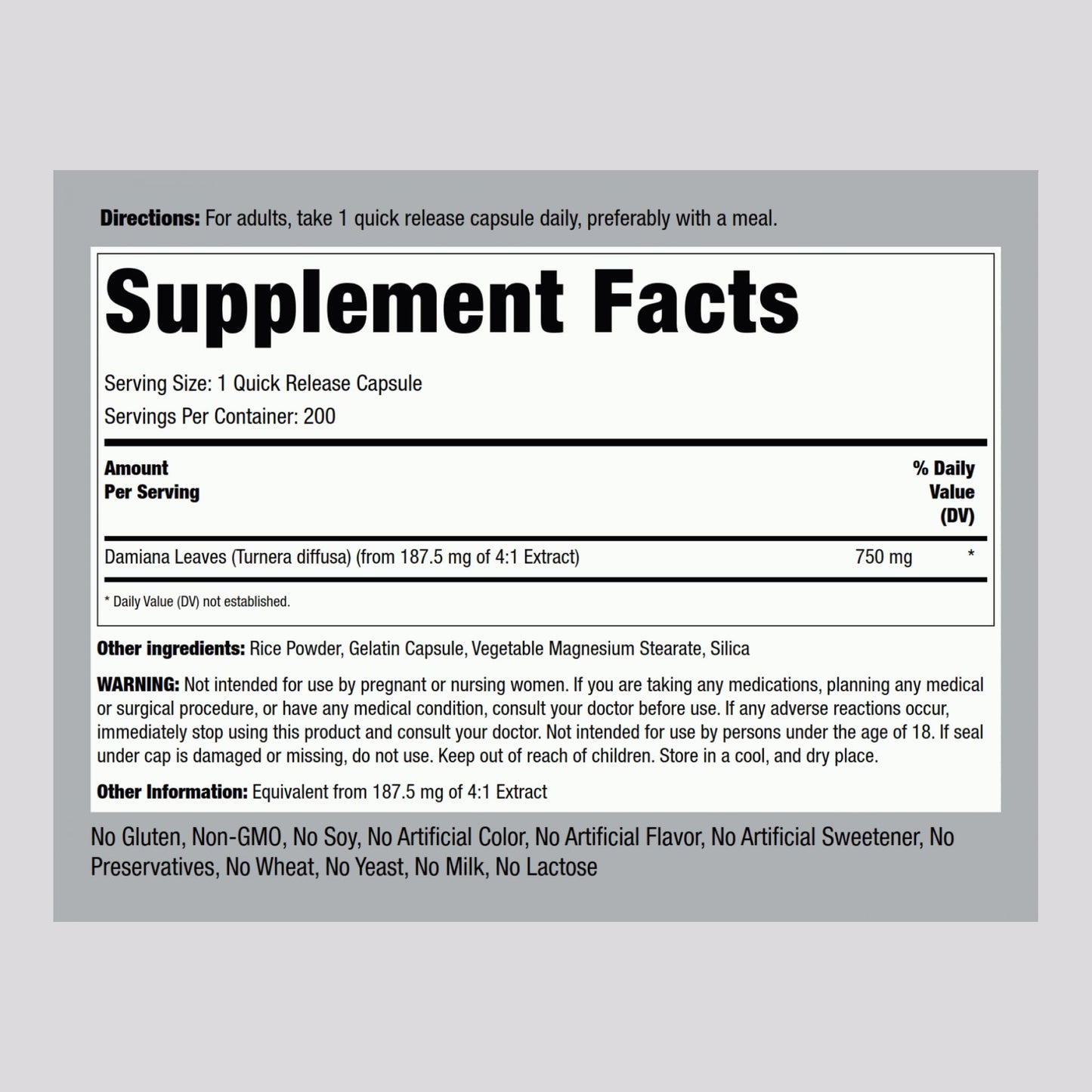 Piping Rock Damiana Leaf Capsules 200 Count