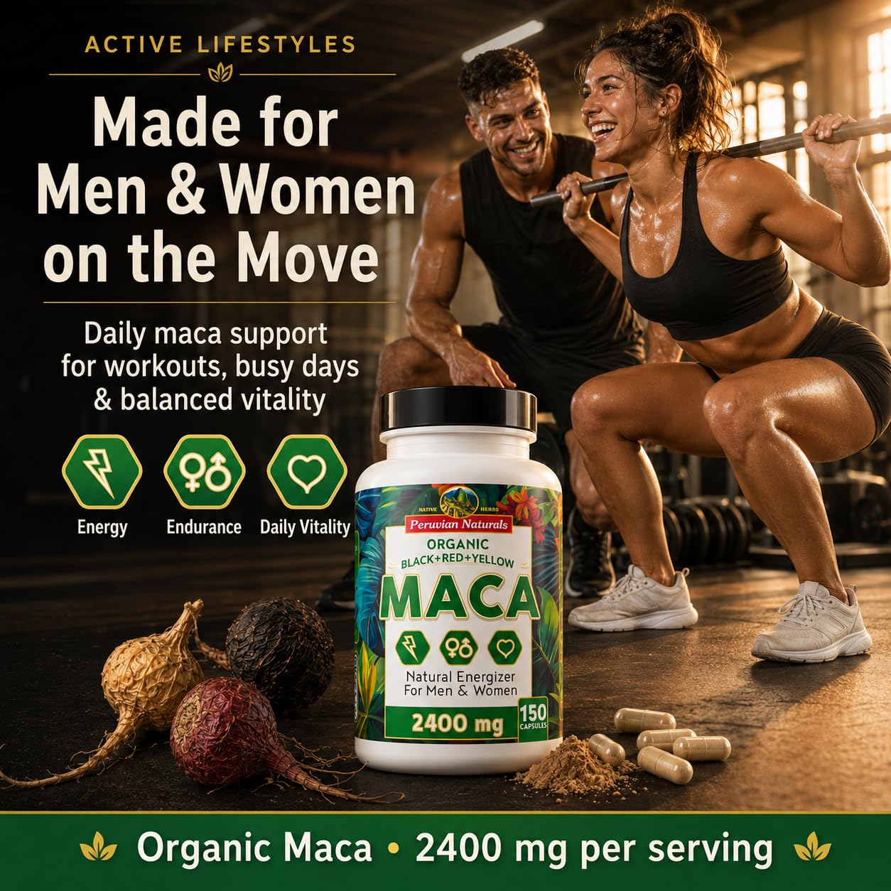 Peruvian Naturals Organic Maca Root Capsules 2400mg per Serving, 150 Capsules