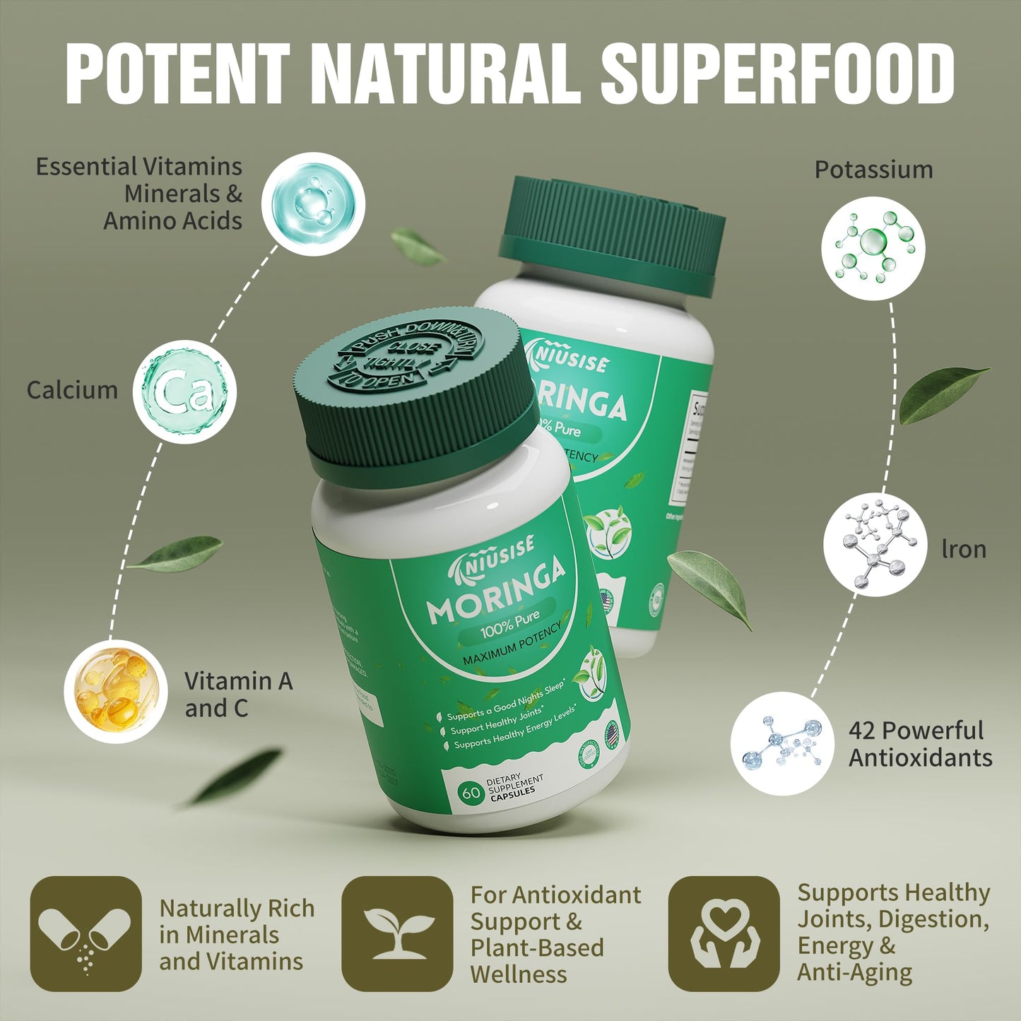 NIUSISE Moringa Powder Capsules, 60 Count