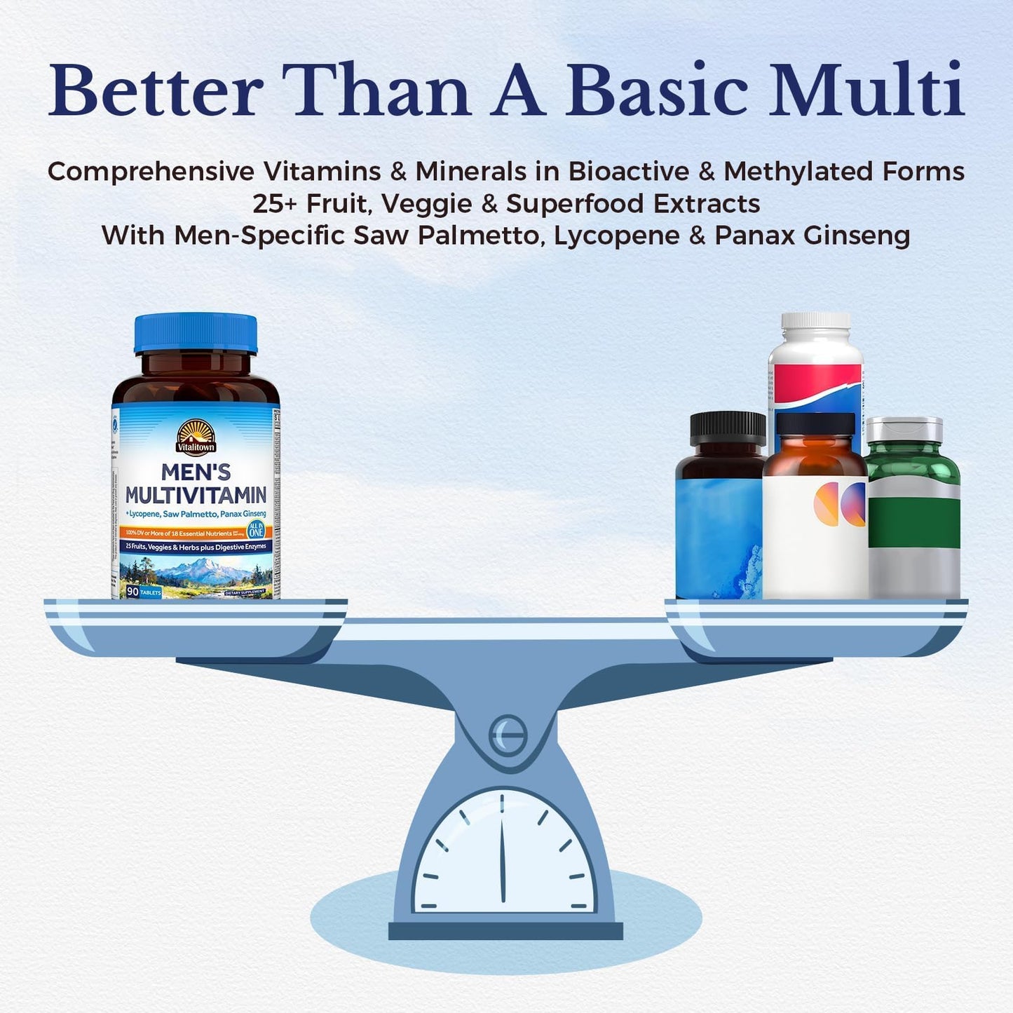 Vitalitown Multivitamin for Men, with Lycopene, Saw Palmetto, Magnesium, Zinc, Selenium, Vitamin A C D E K B, Fruits, Veggies & Enzymes for Complete Men's Health Support, 90 Tablets