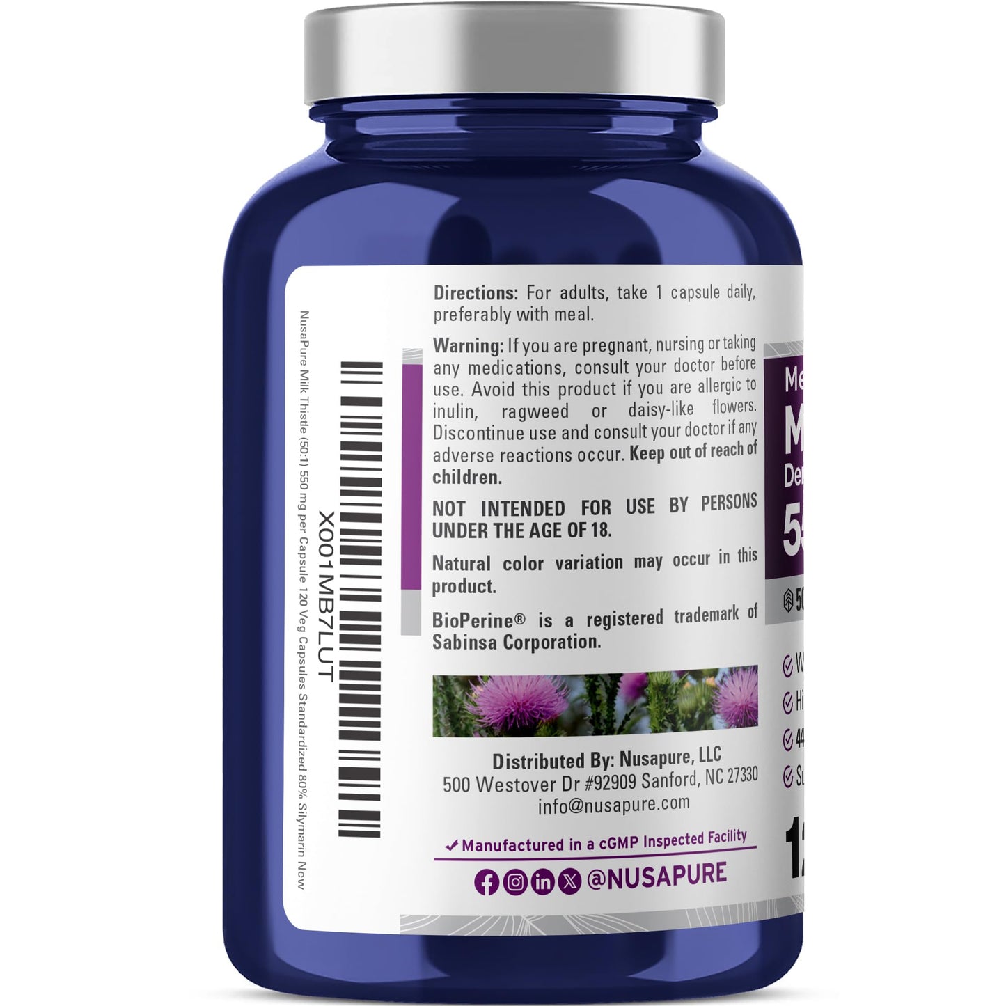 NusaPure Milk Thistle Seed 550mg Capsule, 120 Capsules