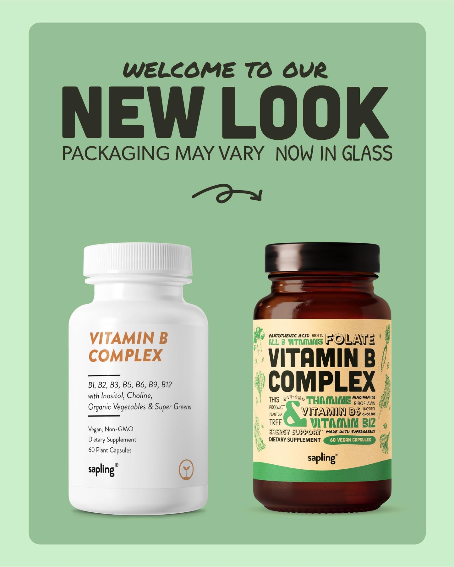 sapling Vegan Vitamin B Complex - Whole Food Blend with Essential B Vitamins B1, B2, B3, B5, B6, B7, Folate, B12 60 Capsules