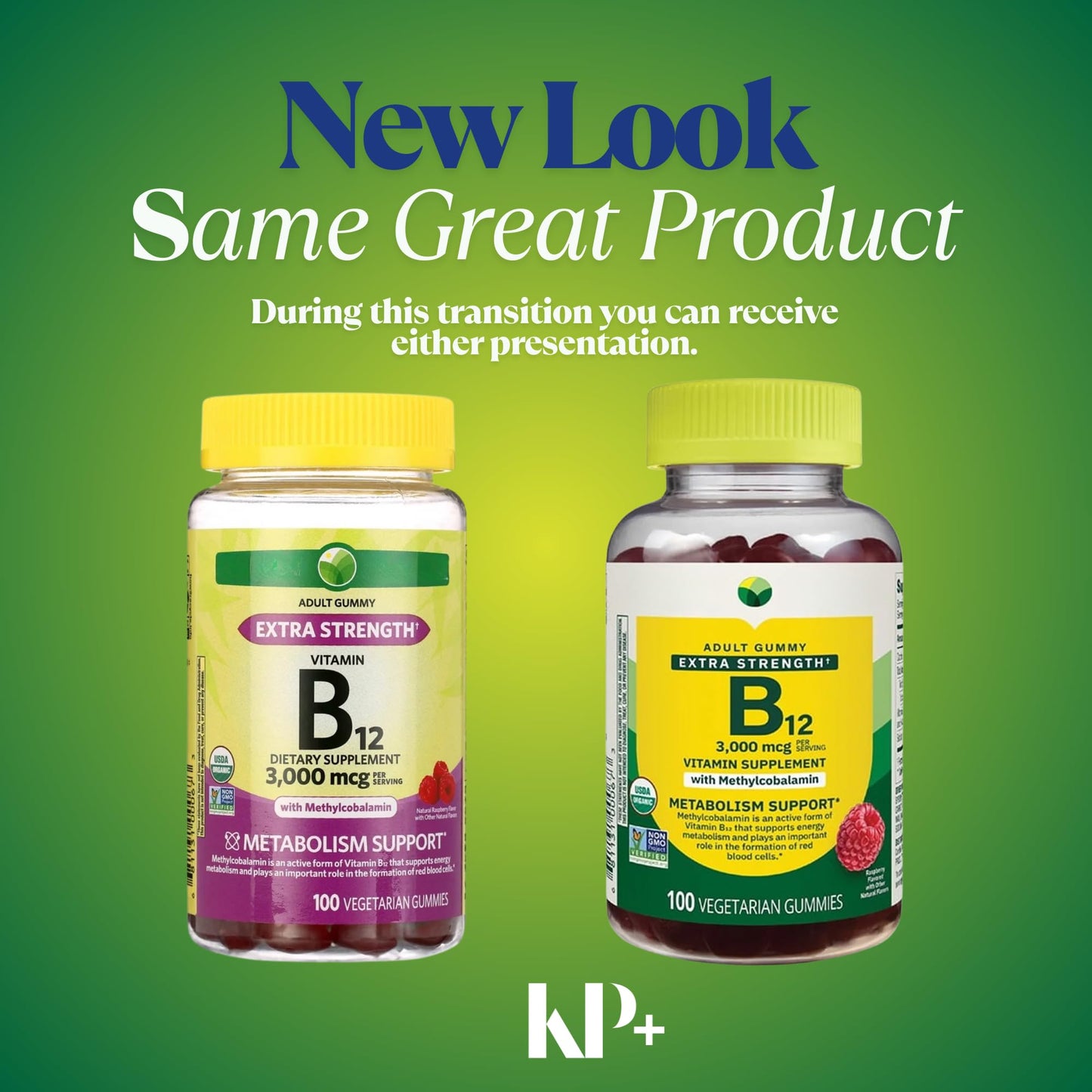 KP+ Vitamin B12 Gummies, 3,000 mcg Extra Strength, Raspberry Flavor, Metabolism Support, 100 Gummies
