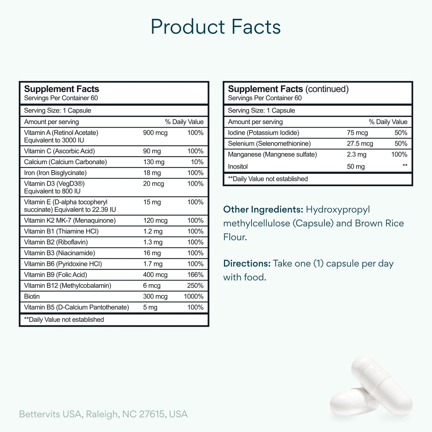 Bettervits Daily Multivitamin for Women & Men - Iron, Calcium & Biotin Capsule, 60 Count