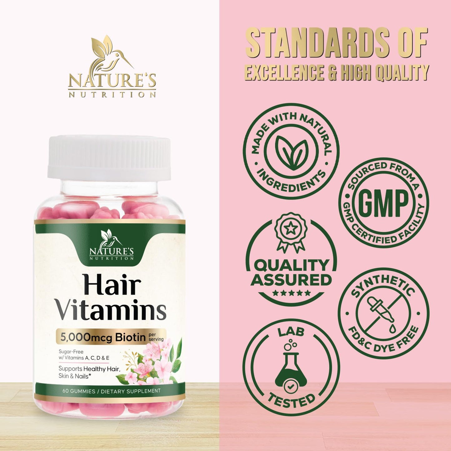 Nature's Nutrition Hair Vitamins with Biotin 5000 mcg Gummy, 60 Gummies
