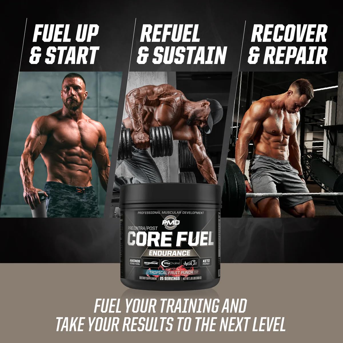 PMD Sports Core Fuel Endurance, Performance & Recovery - BCAAs, EAAs, Beta Alanine, Betaine Anhydrous, Glutamine, Electrolytes - Stim Free Tropical Fruit Punch Powder, 29.6 oz