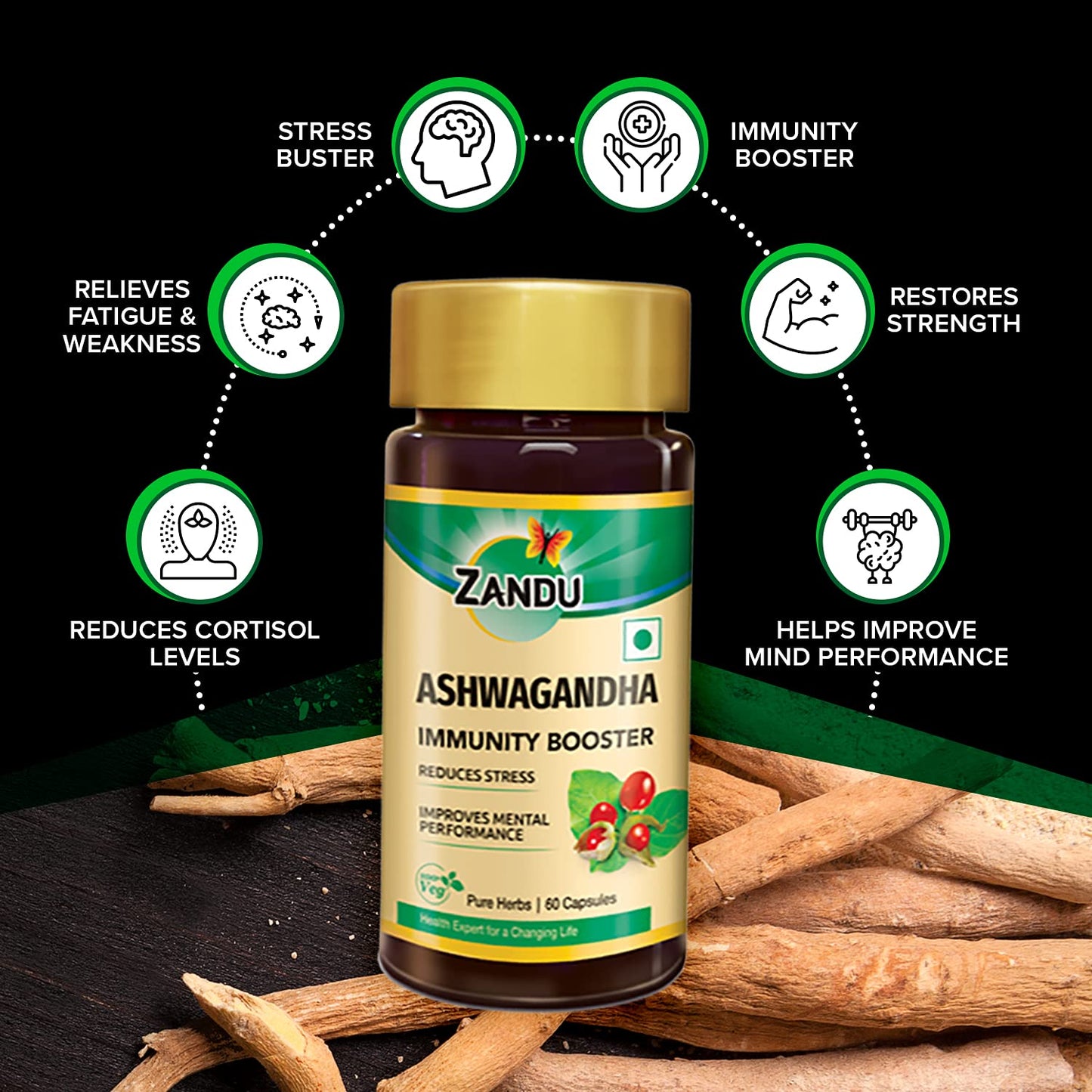 Zandu Ashwagandha Capsules 120 Veg Caps