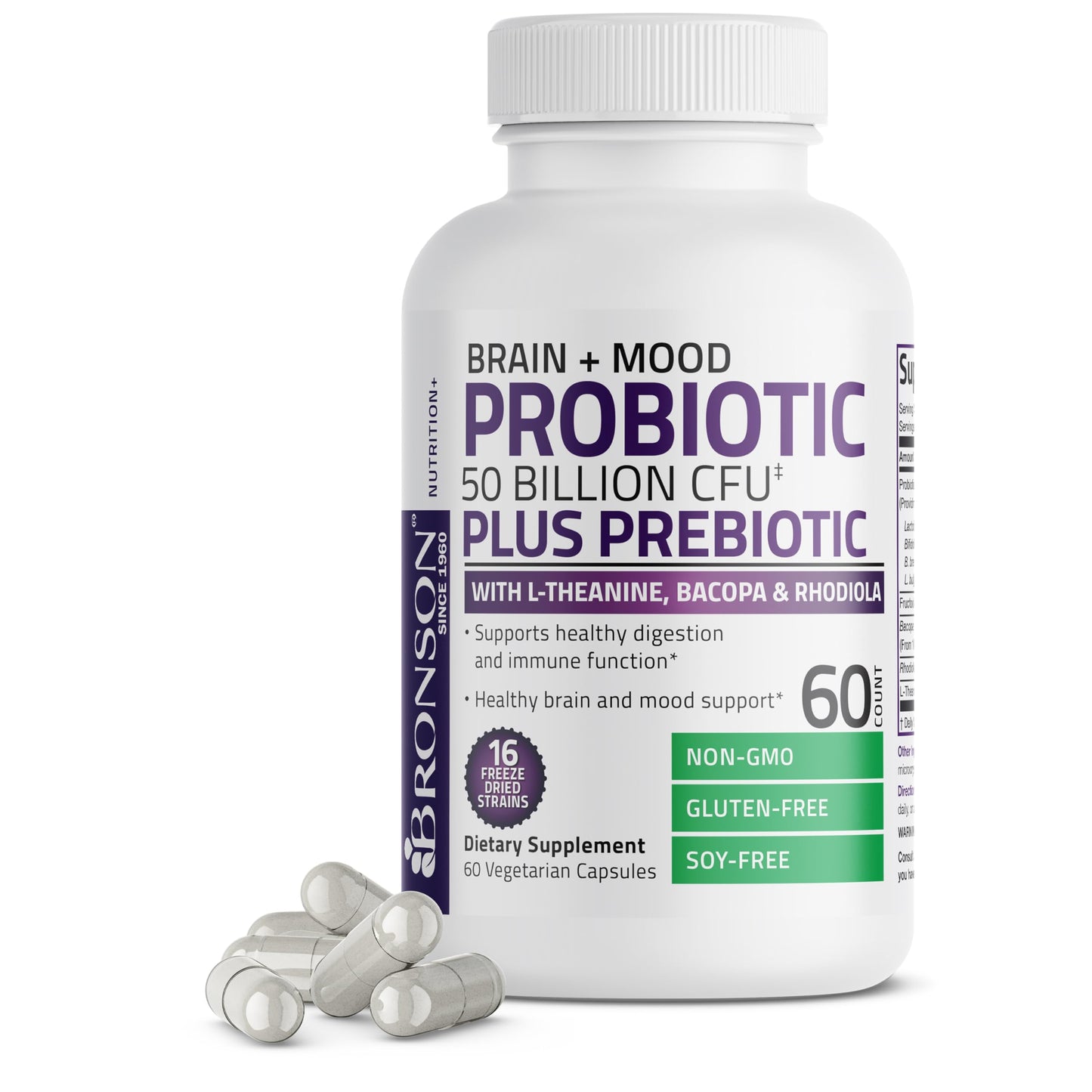Bronson Brain + Mood Probiotic 50 Billion CFU Plus Prebiotic with L-Theanine, Bacopa and Rhodiola Non-GMO, 60 Capsules