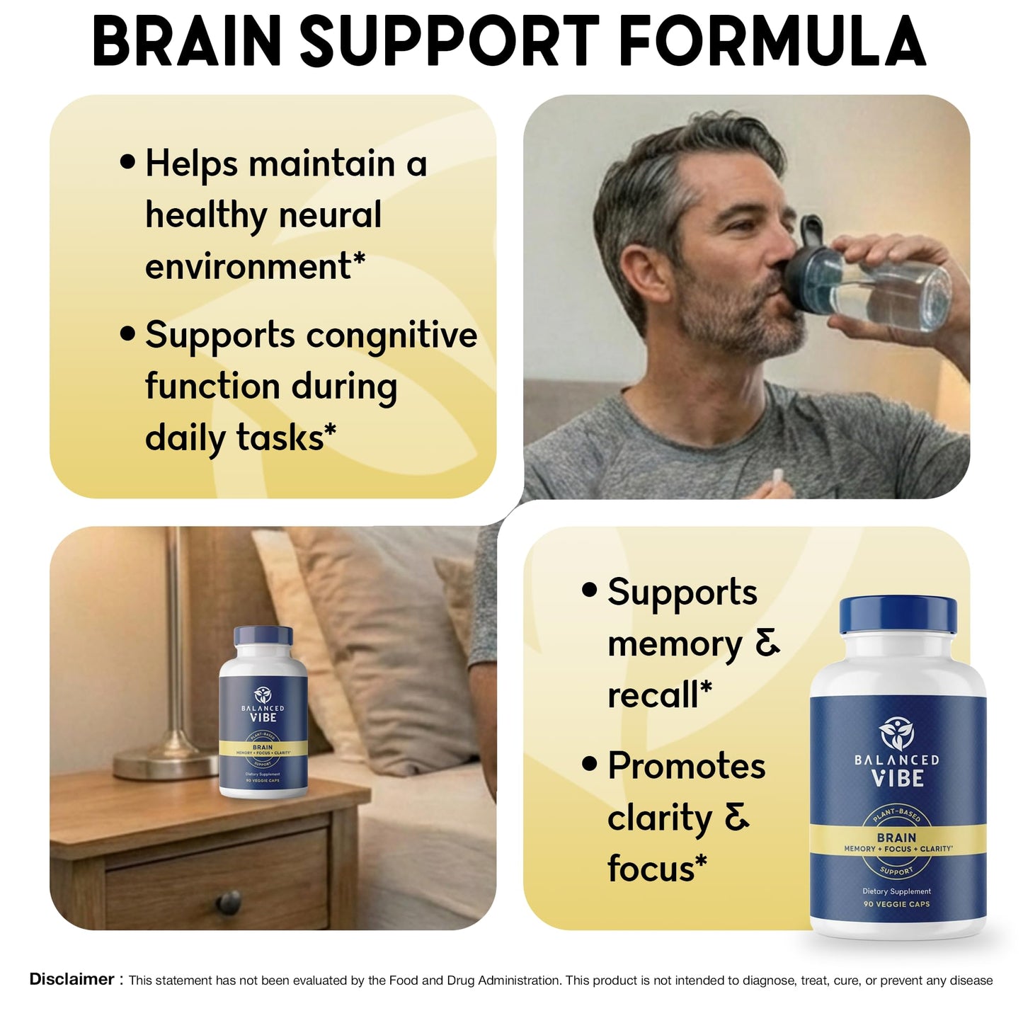 Balanced Vibe Brain Supplement 8 in 1 with Lion's Mane, Bacopa, Rhodiola, Ginkgo Capsules, 90 Capsules