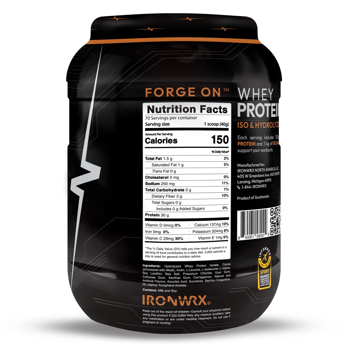 IRONWRX 100% Hydrolyzed Whey Protein Isolate Powder Chocolate 70 Servings