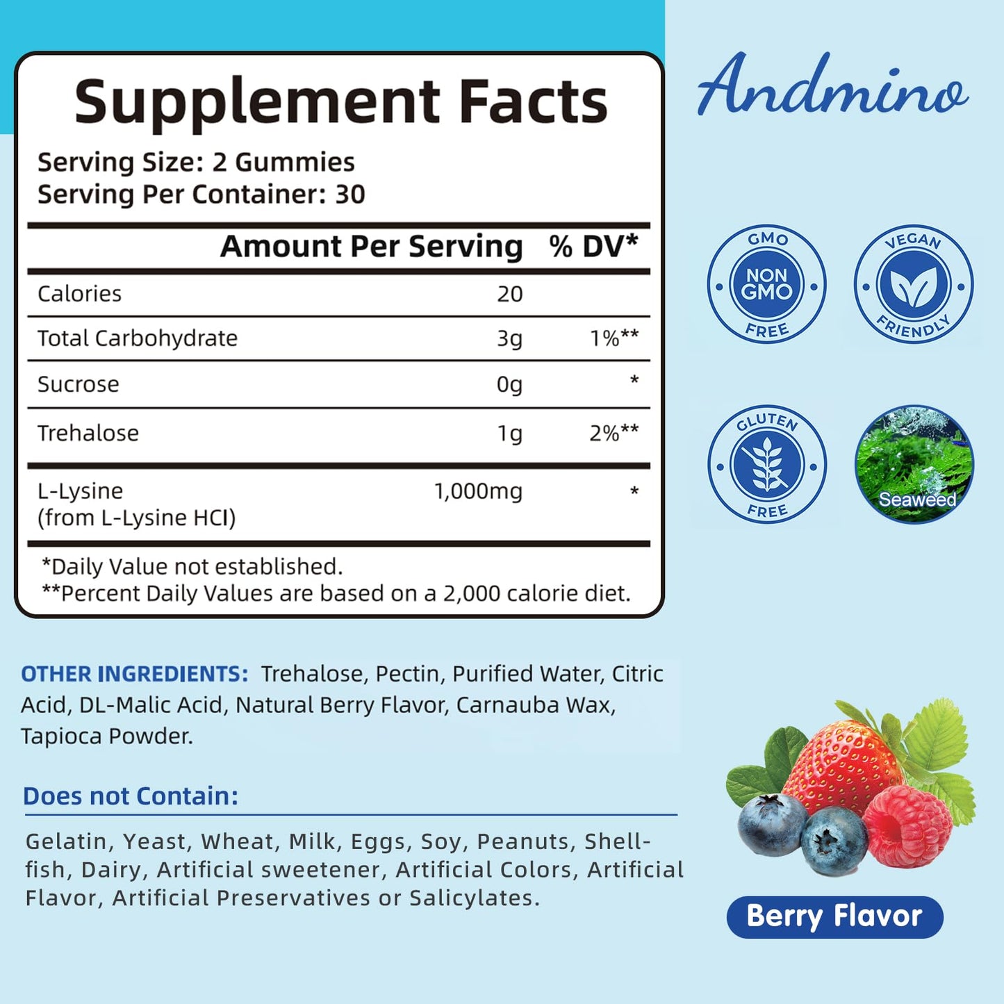 andmino L-Lysine Gummies 1000 mg, 120 Gummies