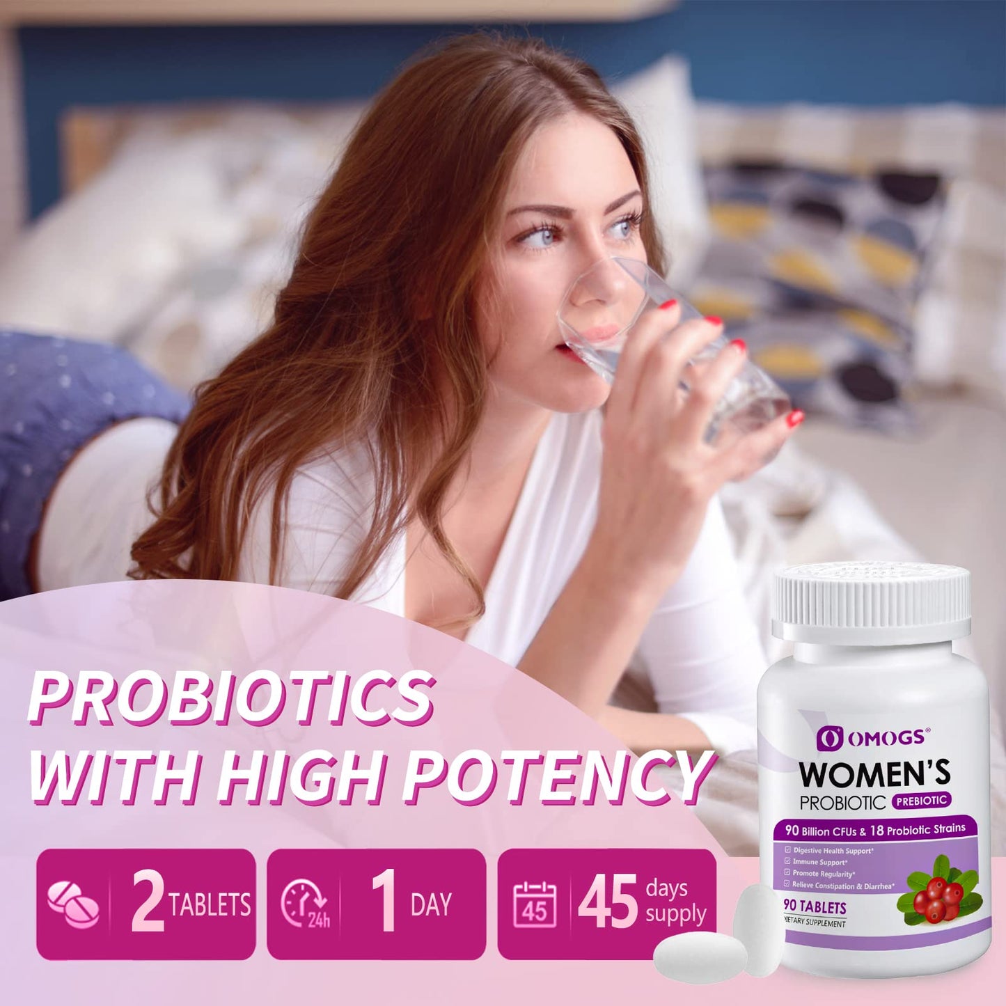 OMOGS Women's Probiotic with Cranberry Extract, Organic Prebiotics & Vitamin C, 90 Billion CFUs, 18 Strains, 90 Tablets