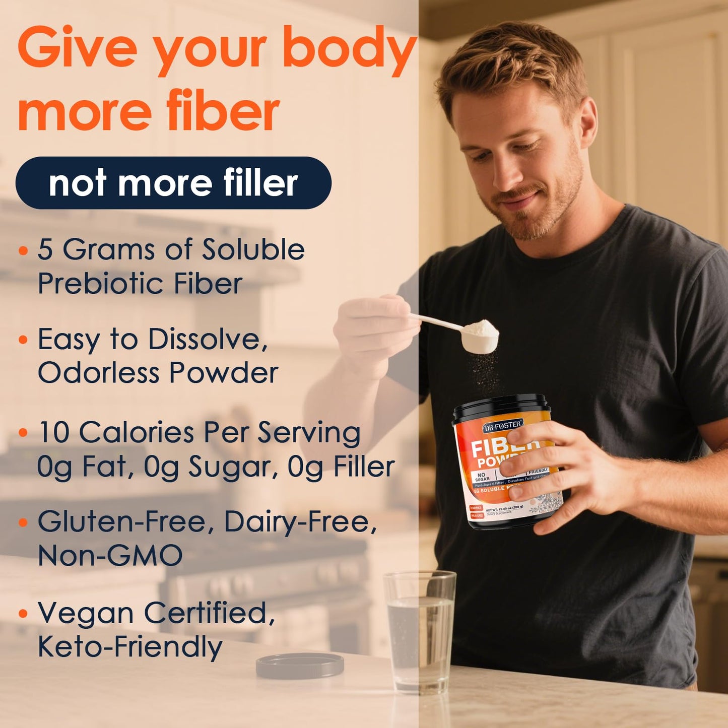 DRFOSTER Prebiotic Fiber Powder Unflavored - Soluble Fiber Supplement with Acacia Fiber & Inulin, 12.35 Ounce