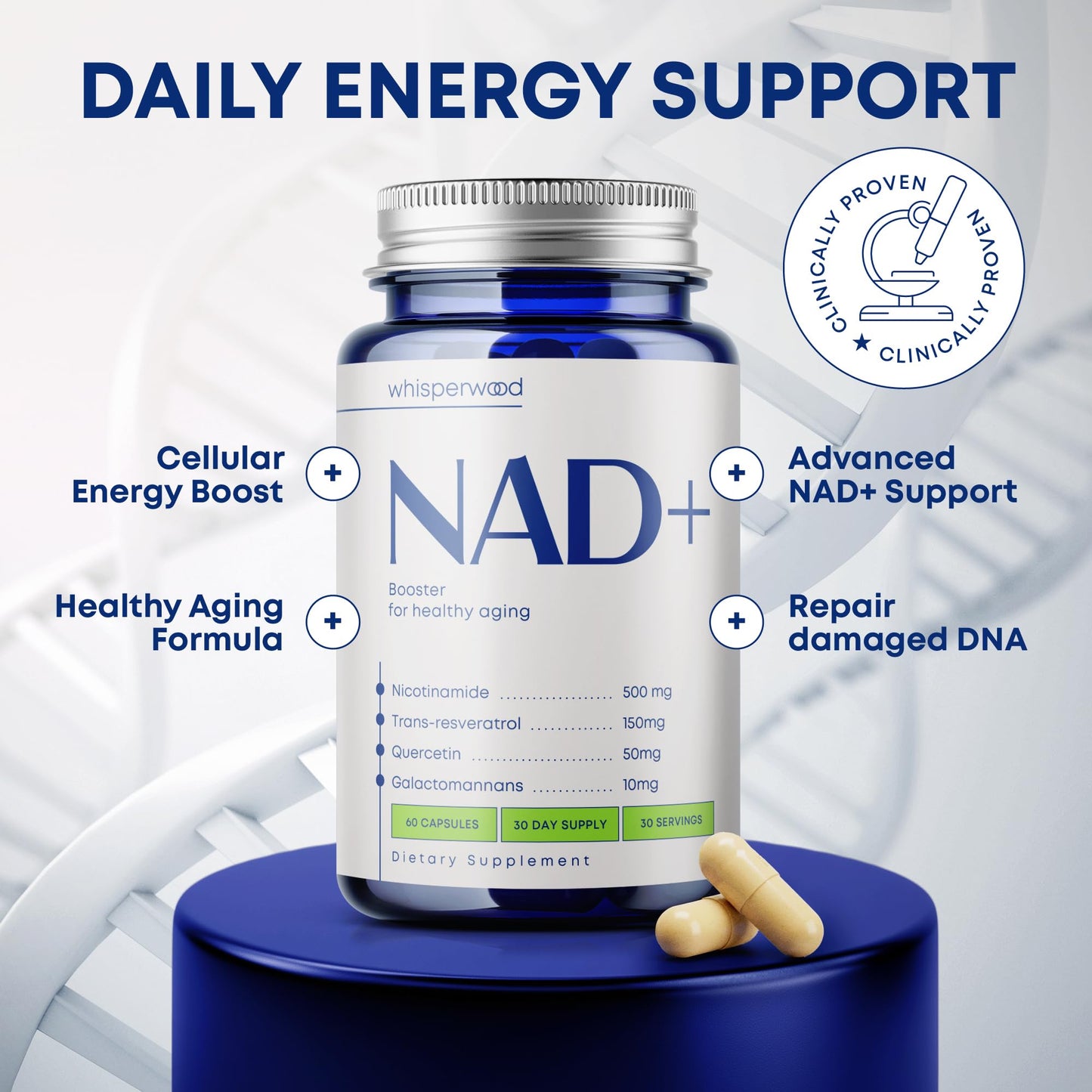 WHISPERWOOD NAD+ Supplement with Nicotinamide Riboside, Trans-Resveratrol & Quercetin, 60 Capsules