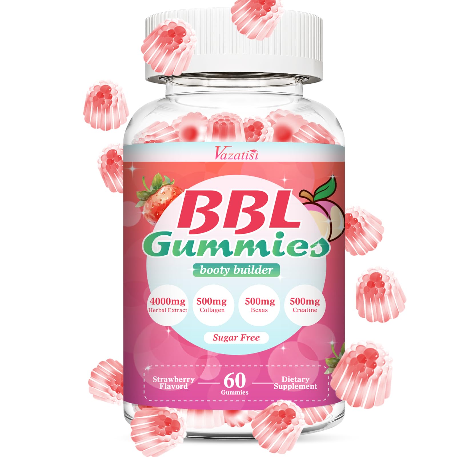 Vazatisi BBL Booty Gummies for Women – Sculpt, Lift & Firm Glutes – Creatine Monohydrate, Vitamins & Herbal BBL Blend - Boost Curves, Energy & Workout Recovery – Vegan, Non-GMO, 60 Gummies