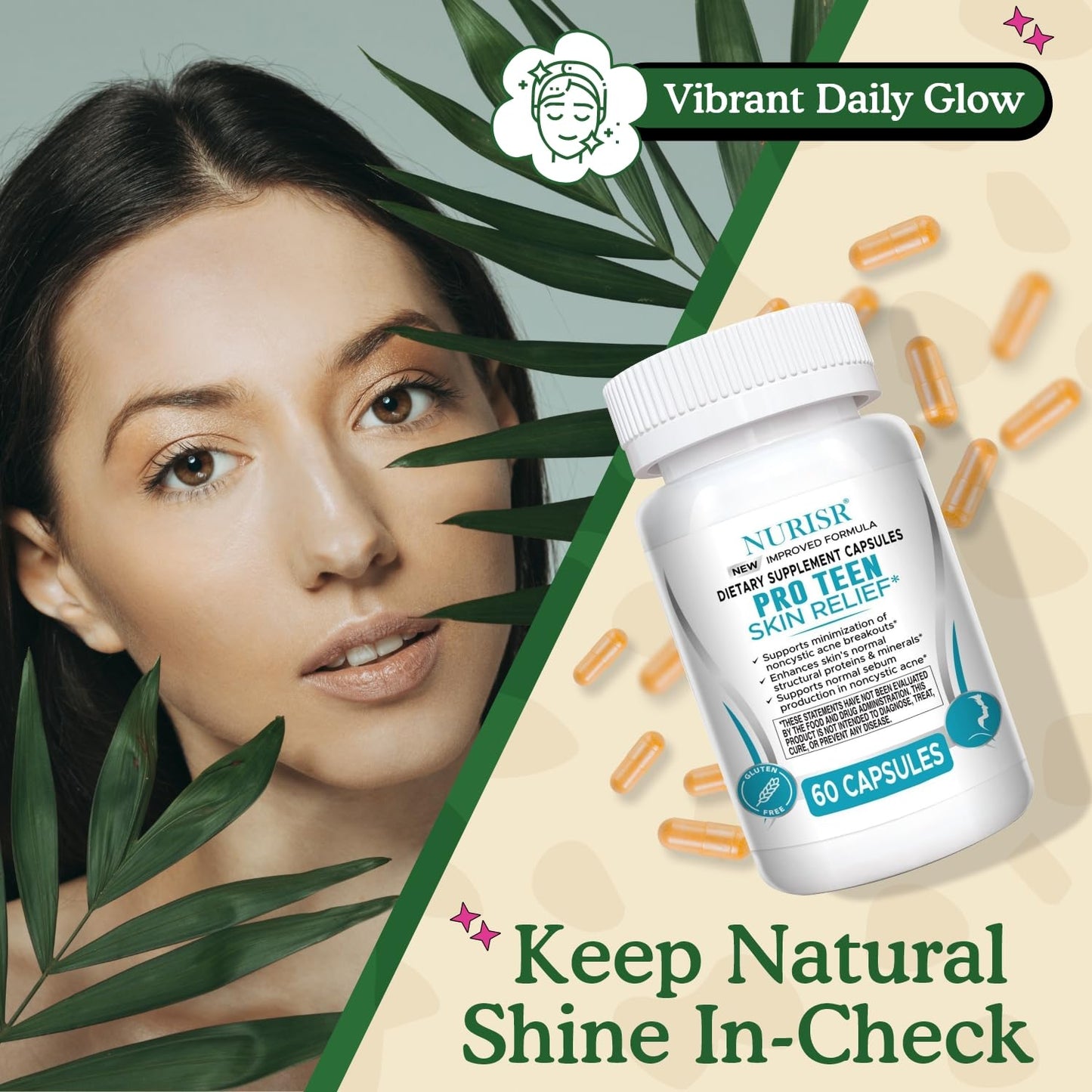 NURISR Acne Supplements for Teenagers with Vitamins A, B, C, E & Biotin for Clear, Radiant Skin - Gluten-Free, 60 Tablets