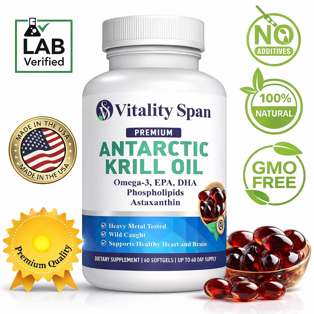 Vitality Span Krill Oil Omega 3 Astaxanthin Choline DHA EPA Softgels 60