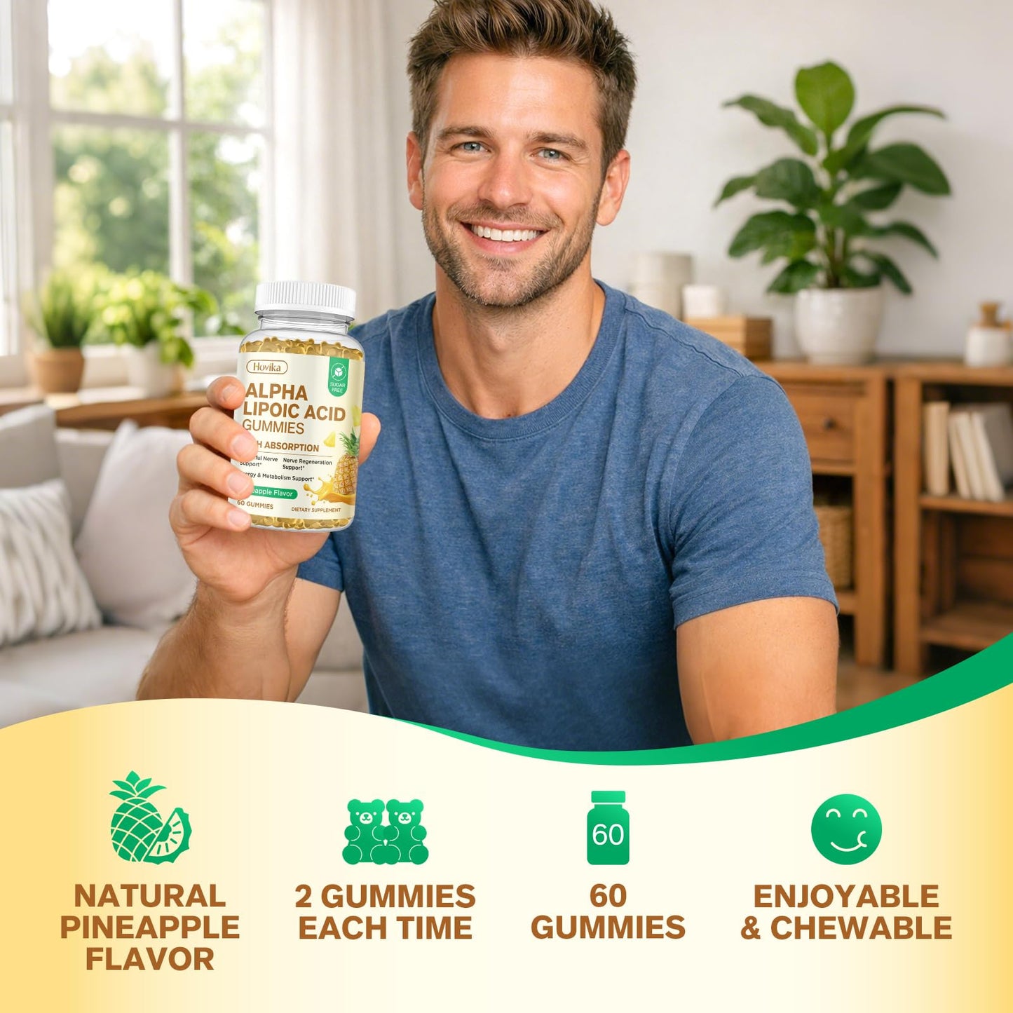 Hovika Alpha Lipoic Acid Gummies 600mg with Benfotiamine, Magnesium, NAC, Vitamin C & B12 for Nerve Support, Antioxidant and Energy & Metabolic, Vegan, Sugar Free, Pineapple Flavor, 60 Gummies