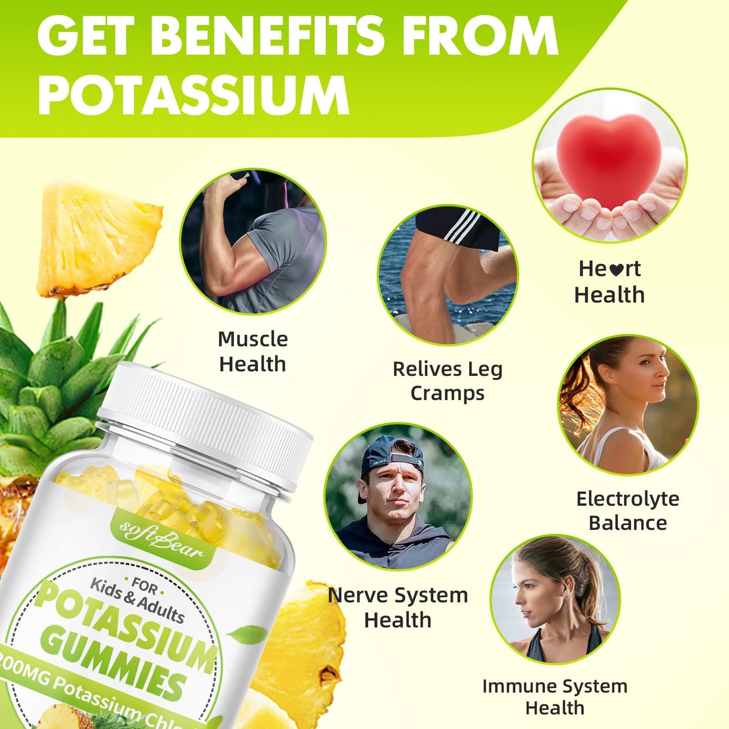 Softbear Potassium Chloride Gummies 1200mg, Sugar-Free Pineapple Flavor, 120 Gummies