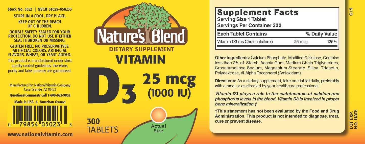 Nature's Blend Vitamin D3 1000 IU Tablets, 300 Count