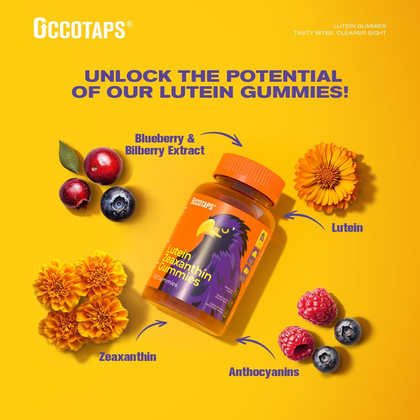 Occotaps Lutein & Zeaxanthin Eye Vitamins Gummies - 20mg Lutein, Sugar-Free, Bilberry Extract, Blue Light Support, Star-Shaped, 60 Count