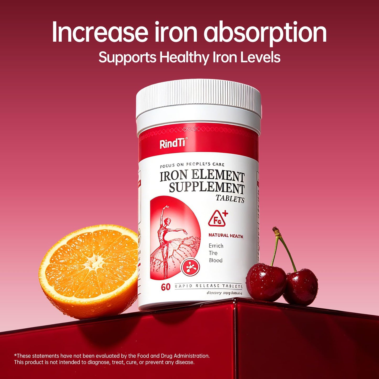 RindTi Gentle Iron Supplement Tablets for Women and Adults, 60 Tablets