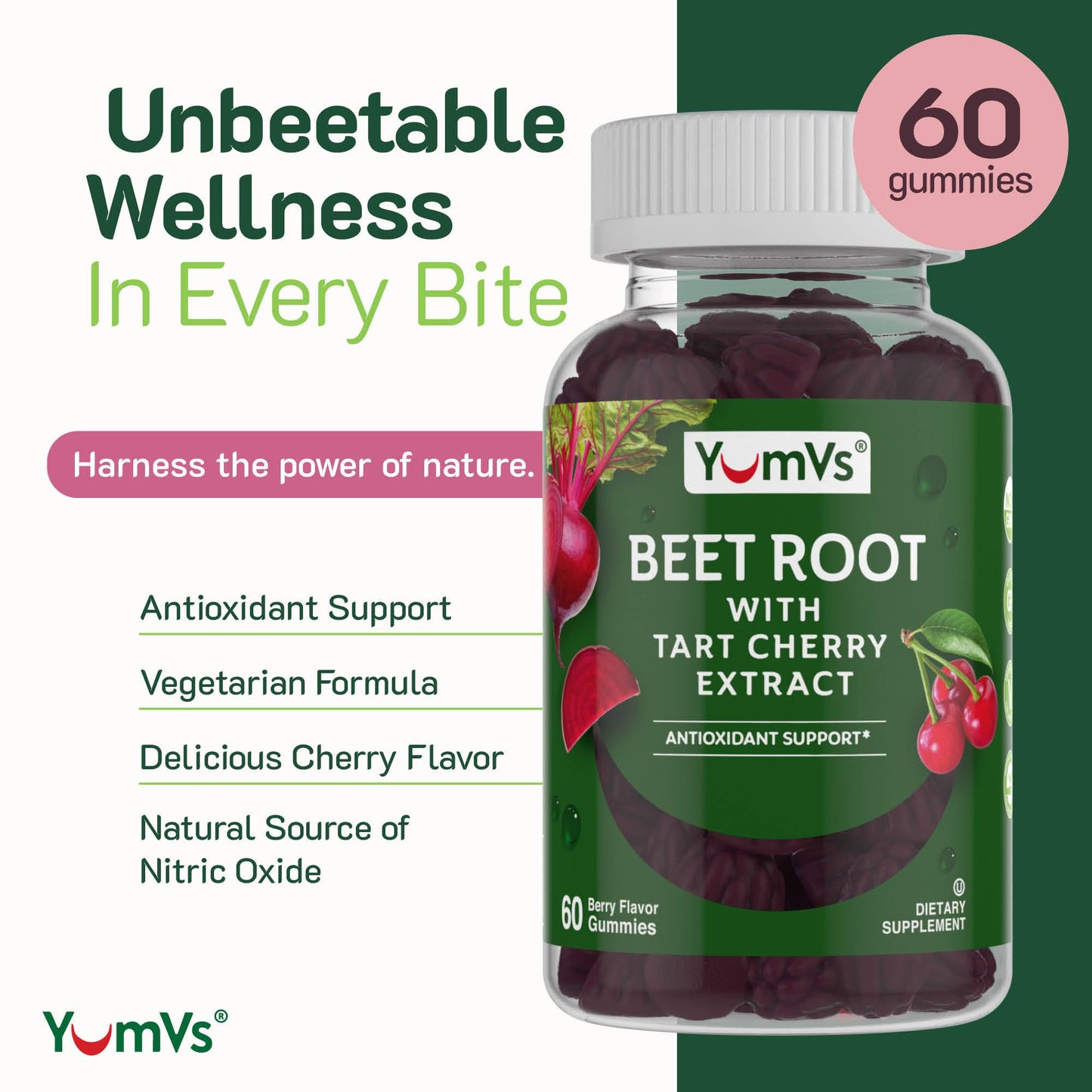 YUM-V'S Beet Root Gummies with Tart Cherry Extract - Berry Flavor, Gummies, 60 Count