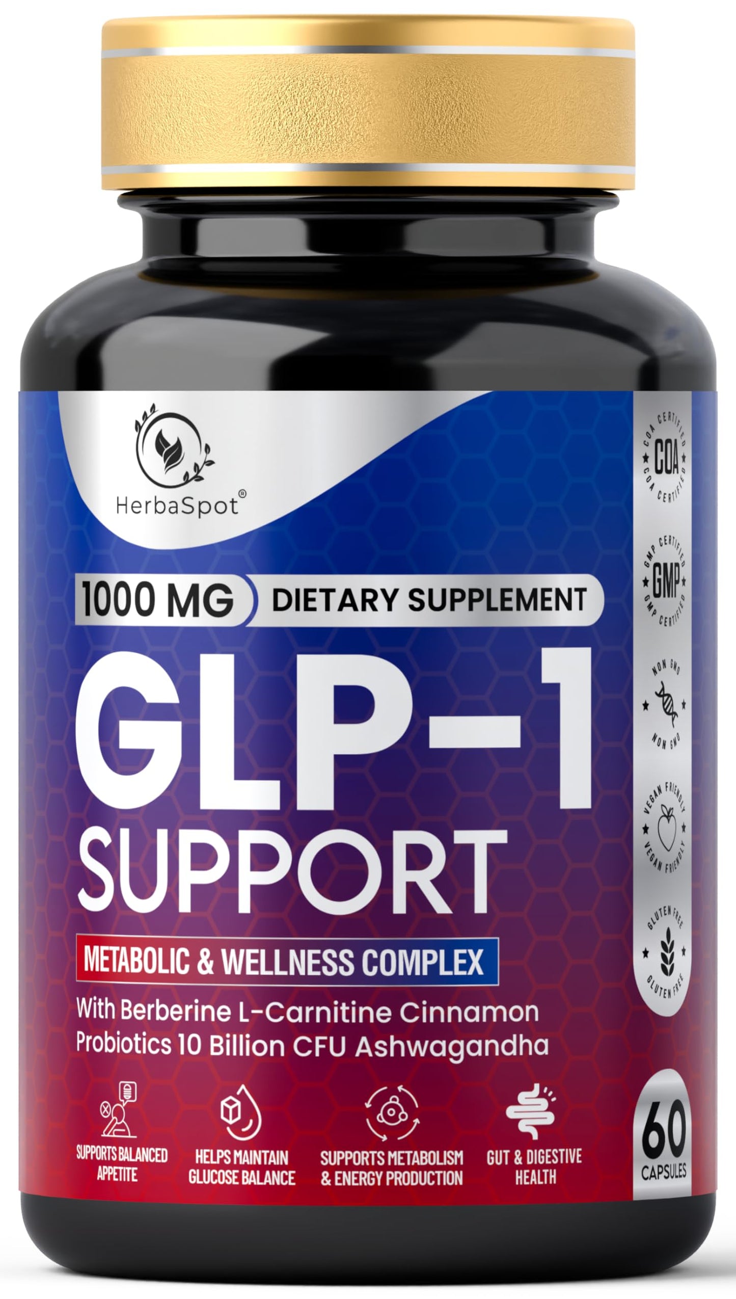 HerbaSpot GLP-1 Supplement 1000 mg with Berberine Capsule, 60 Count