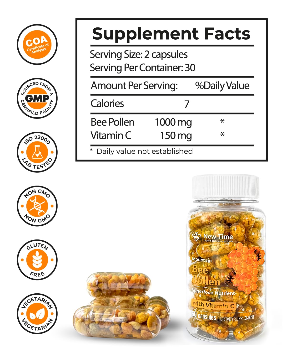 New Time Organic Beekeeping Products Bee Pollen Capsules, 60 Capsules