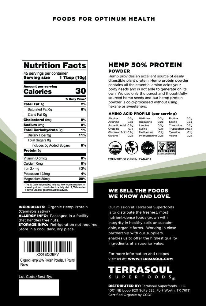 Terrasoul Superfoods Organic Hemp Protein Powder 2 Pound, 32 Servings