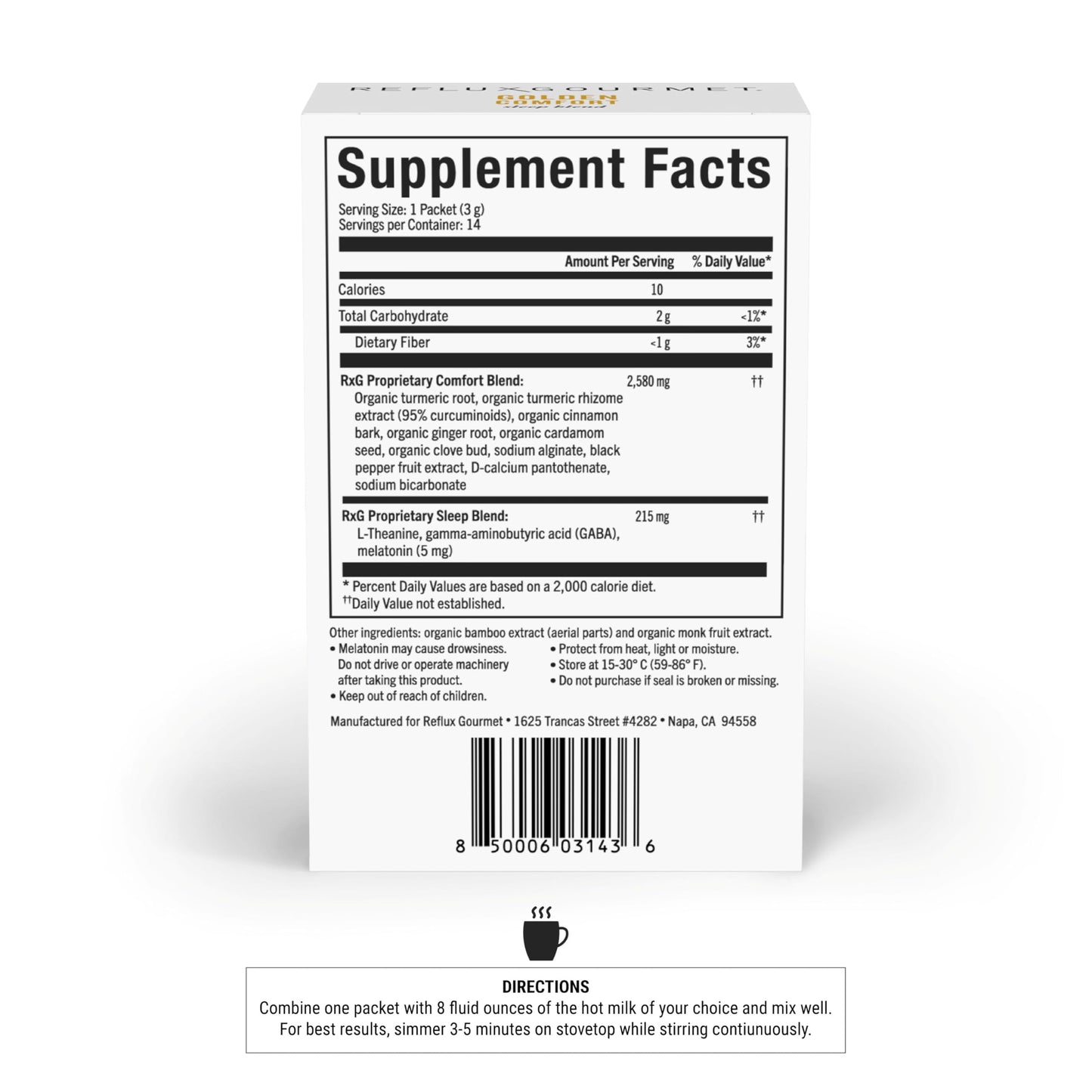 REFLUX GOURMET Golden Comfort Sleep Blend – Turmeric Latte with Melatonin, GABA, L-Theanine & Black Pepper Extract, Powder, 1.48 oz