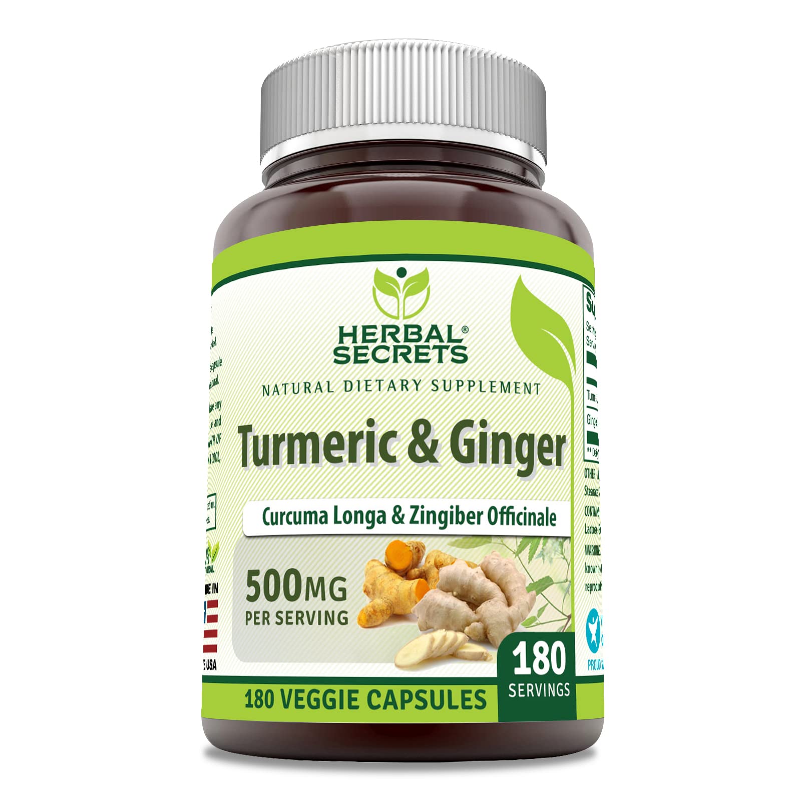Herbal Secrets Turmeric & Ginger 500 mg Veggie Supplement 180 Capsules