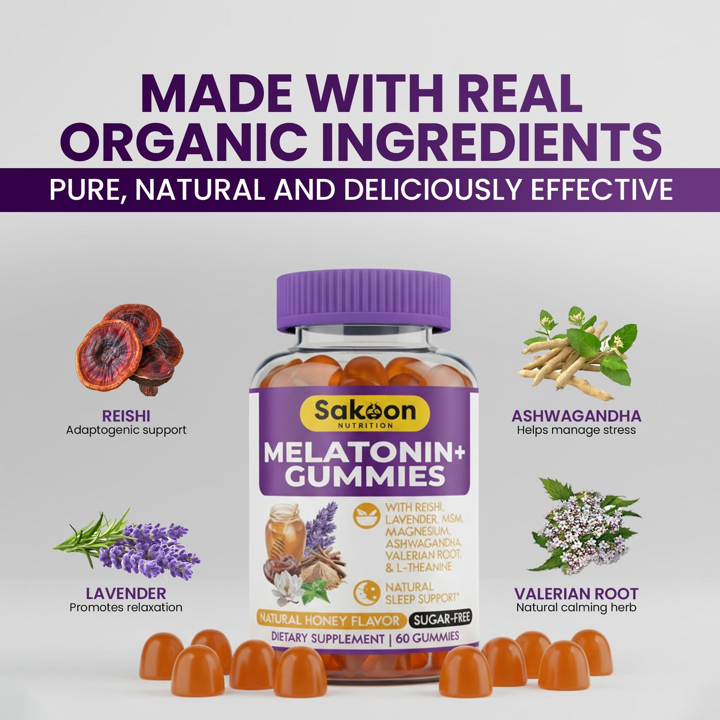 Sakoon nutrition Melatonin Gummies for Women & Men with Reishi, Magnesium & L-Theanine, 10mg Melatonin, Sugar Free Natural Honey Flavor, Vegan Halal Sleep Support, 30 Count
