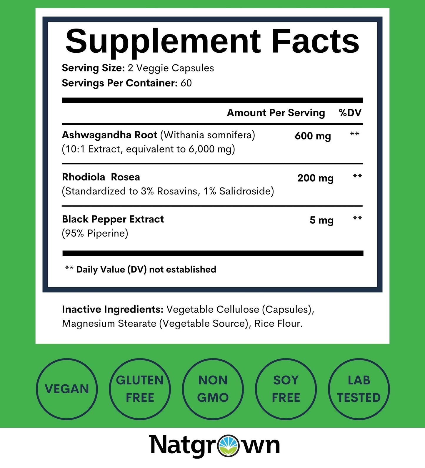 Natgrown Rhodiola Rosea with Ashwagandha Root Extract Capsules 120 Count