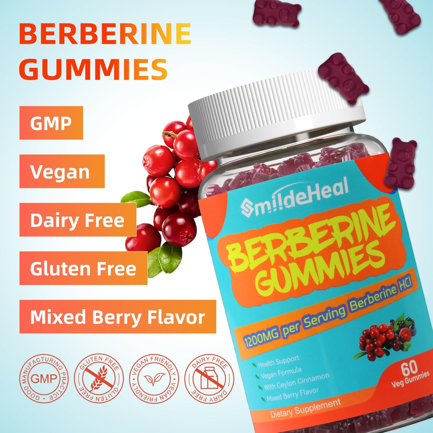 SmildeHeal Berberine Gummies 1200mg with Ceylon Cinnamon 200mg, Milk Thistle Extract & Turmeric, Vegan Berry Flavor, Non-GMO, Gelatin-Free, Gluten-Free, 60 Count