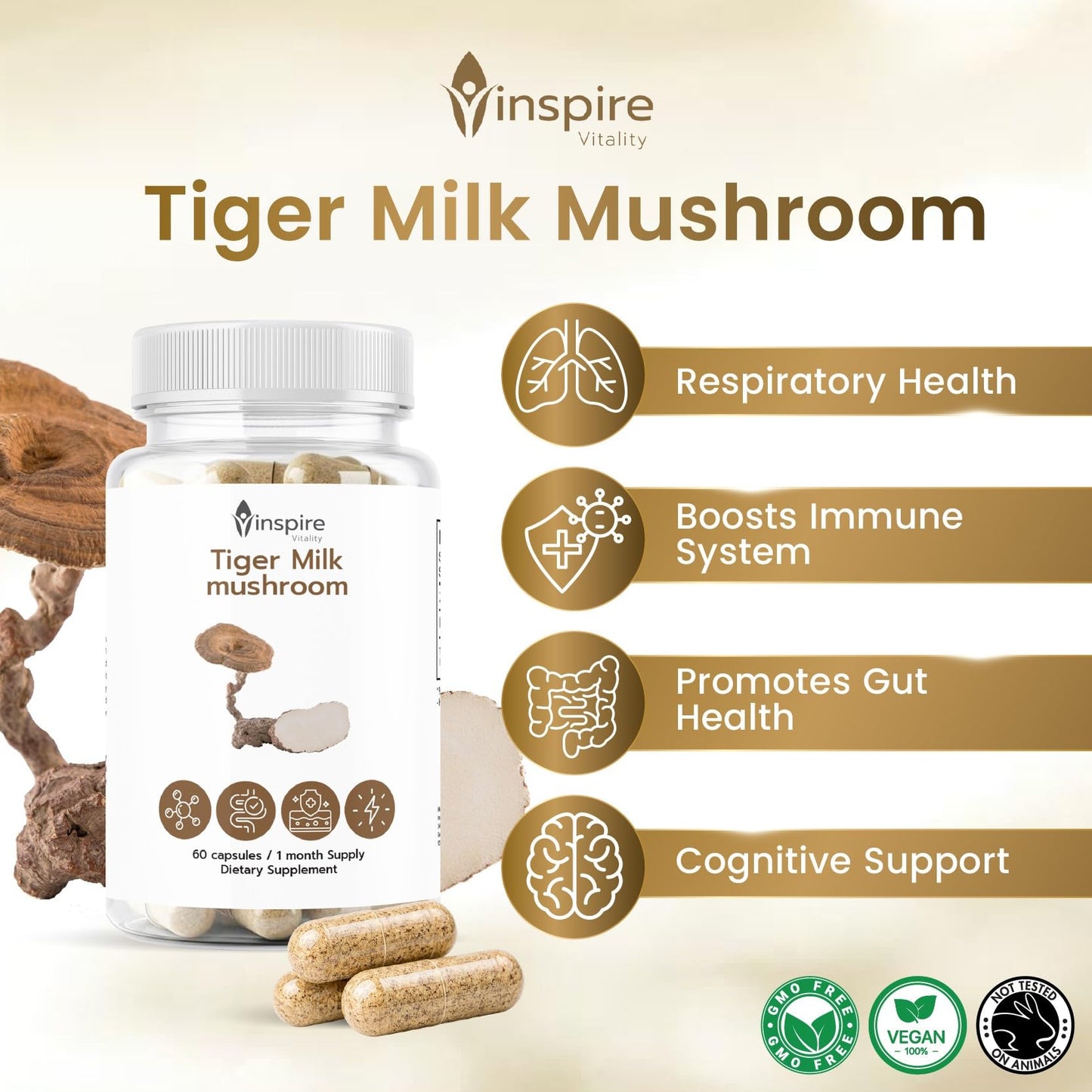 Inspire Vitality LLC Tiger Milk Mushroom for Lungs 500mg Capsules, 60 Count
