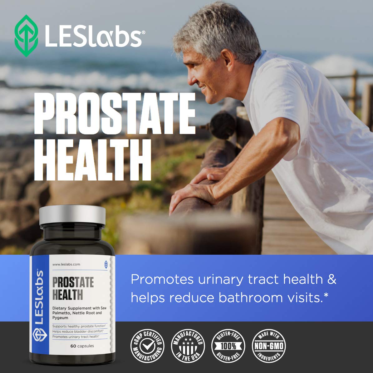 LES Labs Prostate Health Prostate Support, Urinary Tract Health, Fewer Bathroom Visits & Improved Sleep, Saw Palmetto, Pygeum, Beta Sitosterol & Nettle Root, Non-GMO, 60 Capsules