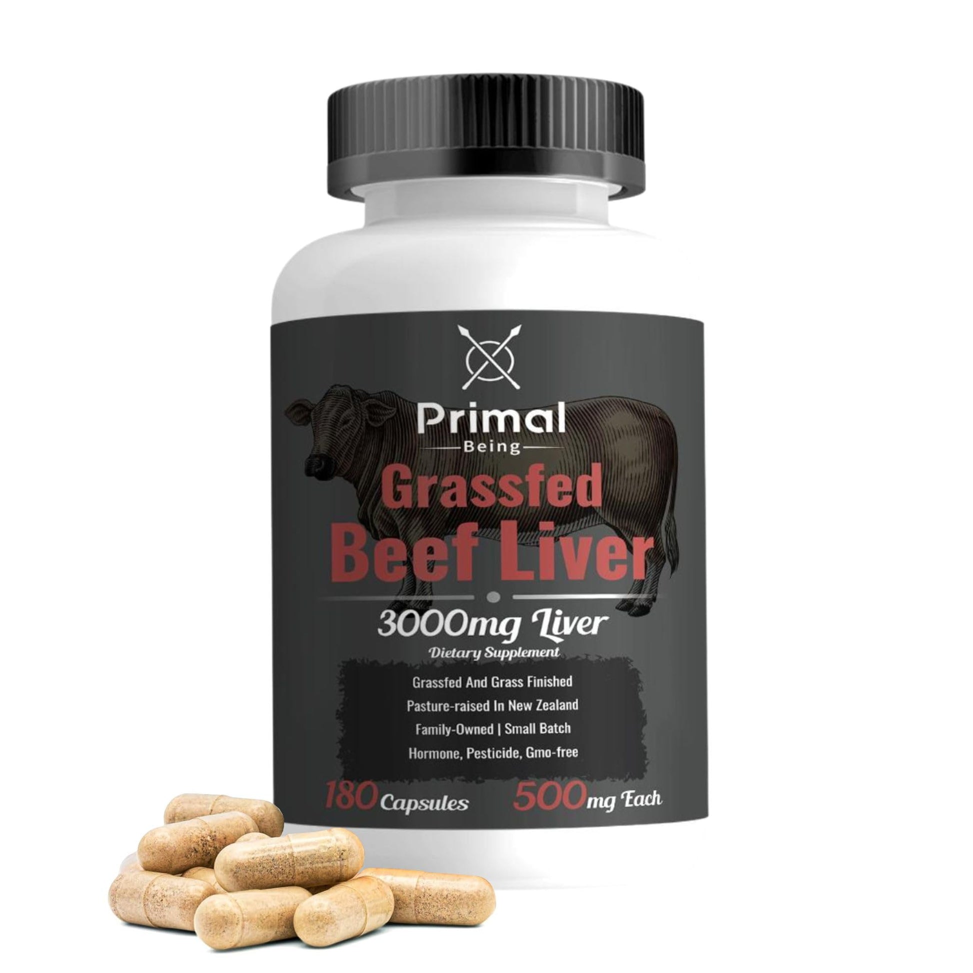 Primal Being Grassfed Beef Liver 3000mg Freeze Dried Capsules, 180 Count