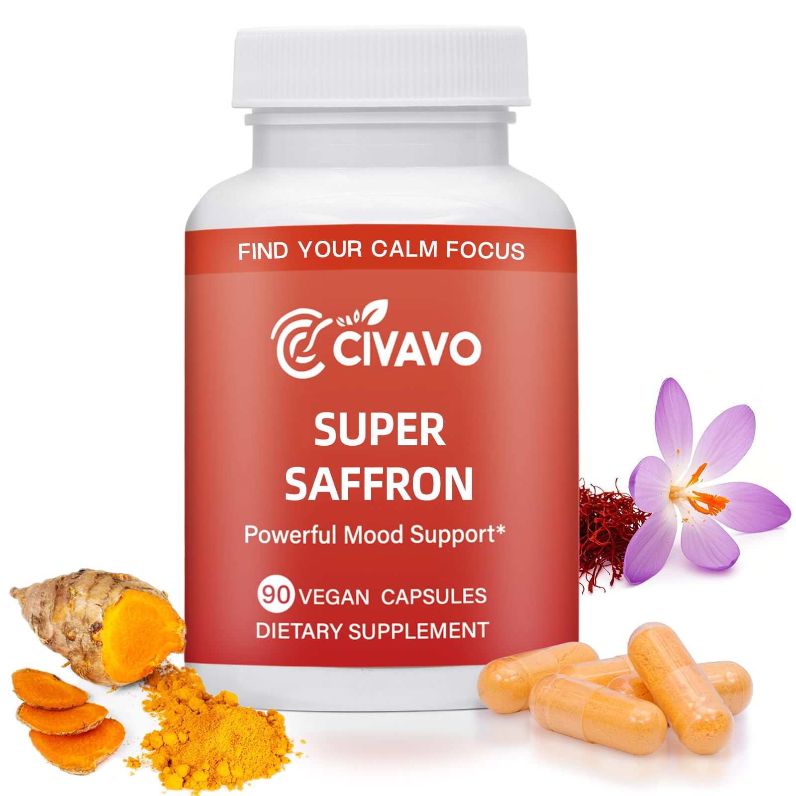Civavo Saffron Supplements with Curcumin & Zinc Capsules, 90 Count