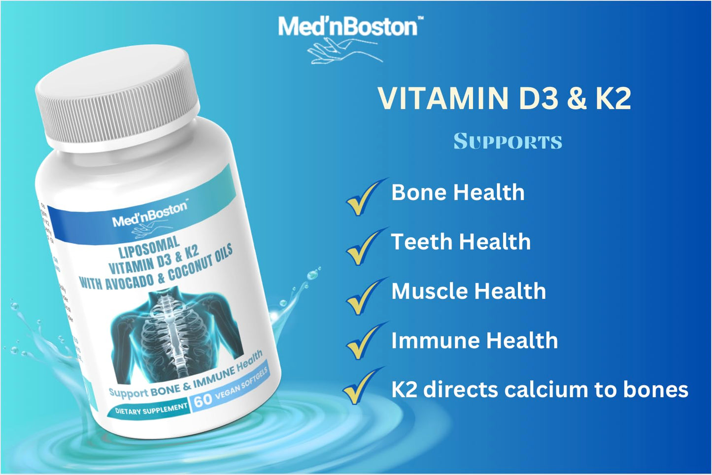 Med'nBoston Liposomal Vitamin D3 10,000 IU & K2 250 mcg Softgels, 60