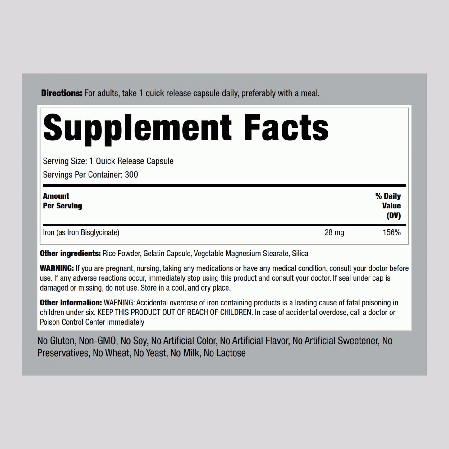 Piping Rock Iron Bisglycinate 28 mg Capsules, 300 Capsules