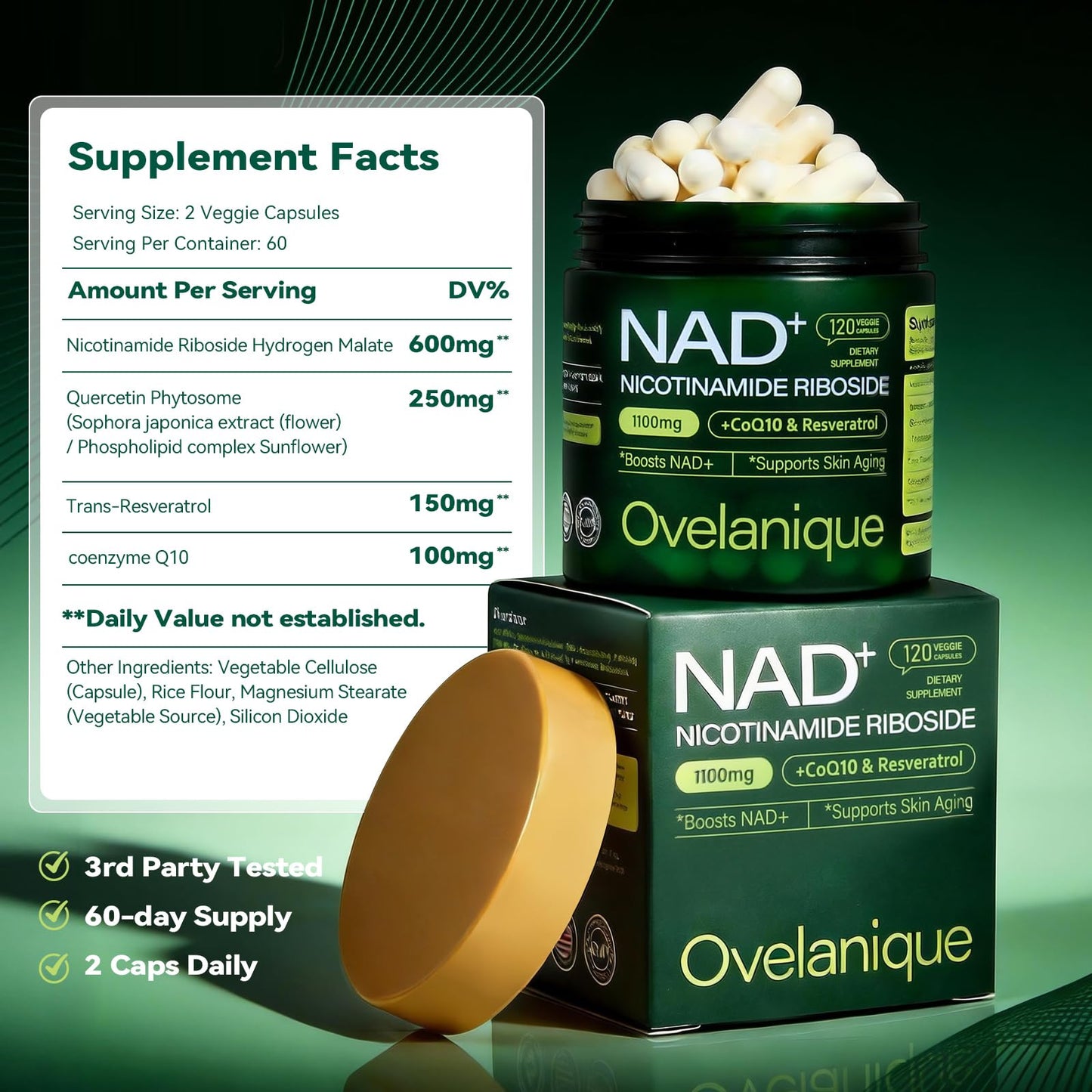 Ovelanique NAD Supplement with Nicotinamide Riboside & Resveratrol NAD+ Complex with Quercetin Phytosome & CoQ10 Liposomal Delivery, 120 Capsules