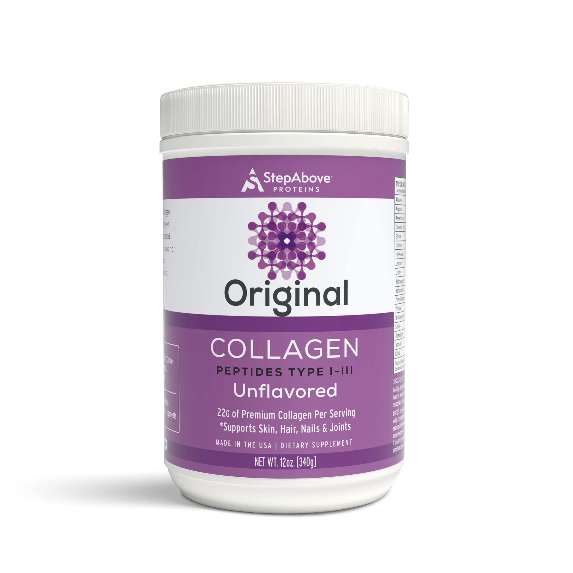 Step Above Proteins Original Collagen Peptides Powder, Hydrolyzed Type I-III, 12 oz
