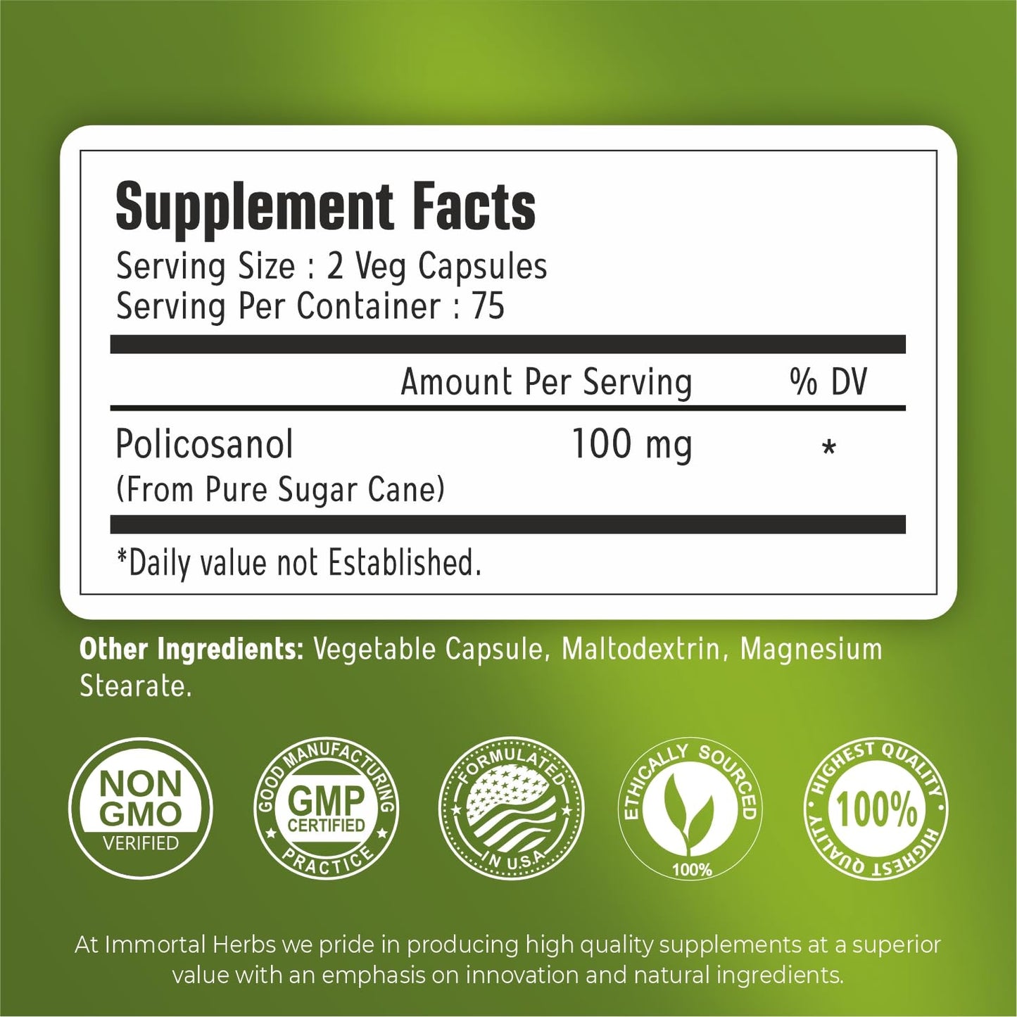 Immortal Herbs Policosanol 100mg Capsules, 150 Count