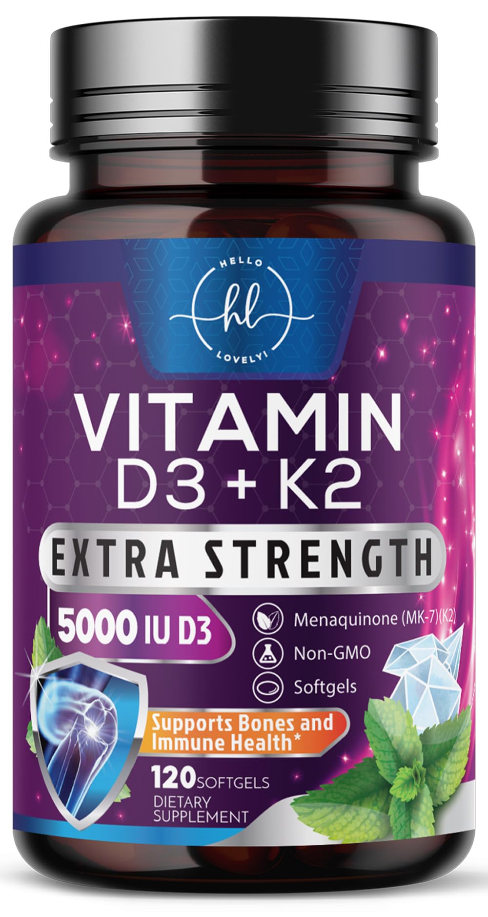 Hello Lovely Vitamin D with K2 (MK-7) Vitamin D3 5000IU (125mcg) Per Serving Softgels 120 Count