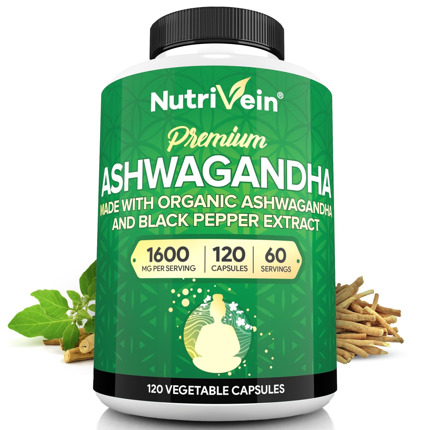 Nutrivein Ashwagandha Root 1600 mg with Black Pepper, 120 Capsules