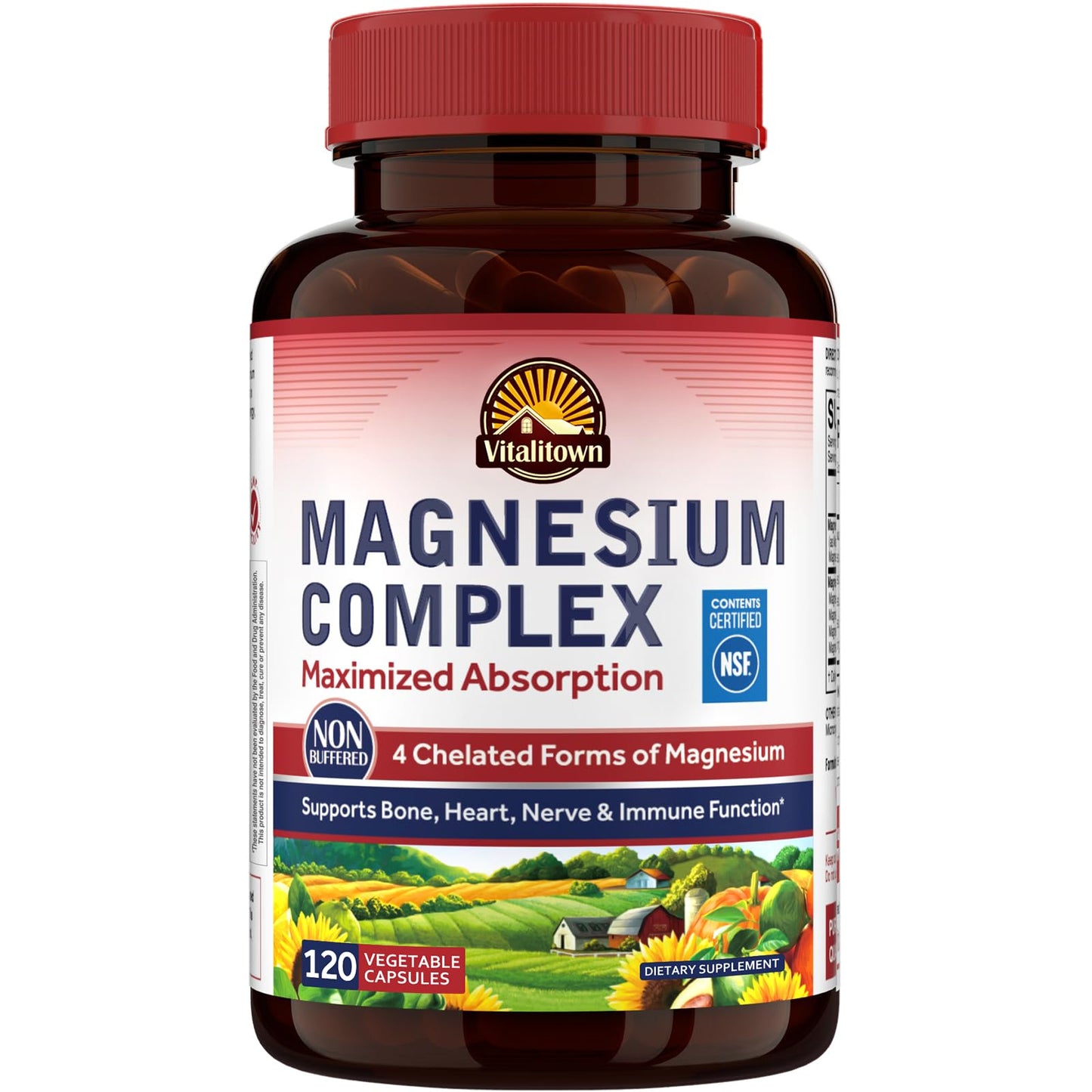 VITALITOWN Magnesium Complex Supplement 500mg - NSF Certified Magnesium Glycinate, Malate, Taurate & Citrate - Chelated High Absorption & Gentle on Stomach - Vegan Non-GMO, 120 Capsules
