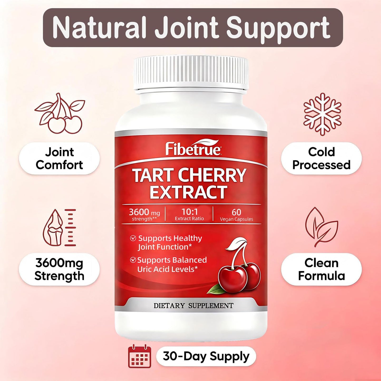 Fibetrue Tart Cherry Extract Capsules 3600mg (10:1) Montmorency Cherry for Joint Comfort & Uric Acid Balance – Antioxidant Support – Vegan, Non-GMO – 60 Capsules