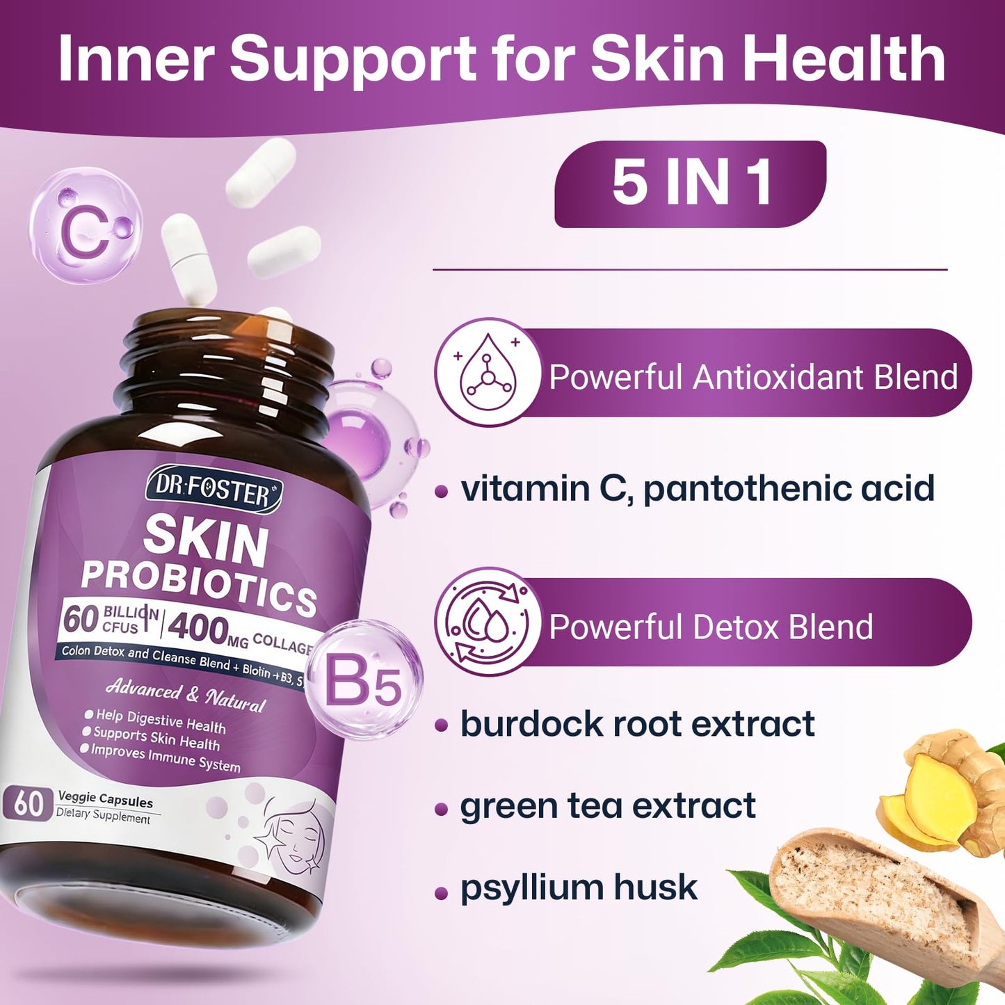 DRFOSTER Probiotics for Women Digestive Health with 60 Billion CFU 3 Spores, Skin Probiotics for Gut and Skin Health with Collagen & Biotin, 60 Capsules